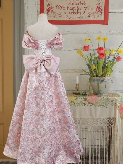 Vintage Pink Off-the-shoulder Prom Applique Beaded Evening Gown A-Line Party Dress Floor Length Formal Dress TP4894