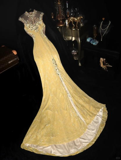 Glamorous Yellow Sequined Beaded Cap Sleeves Mermaid Evening Gown TP5360