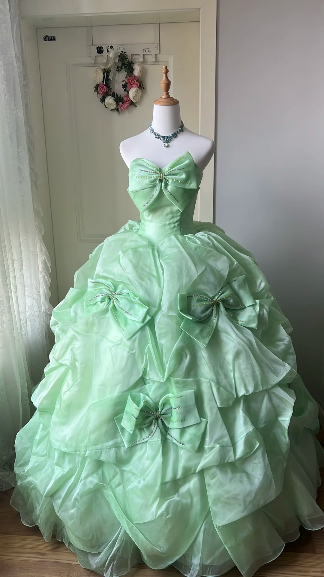 Glamorous Mint Green Strapless Beaded Bow Tiered Organza Ball Gown TP5833