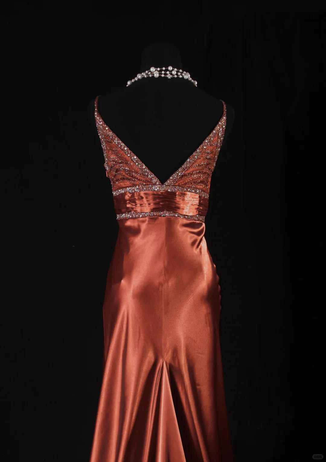Elegant Caramel Satin Deep V-Neck Beaded Evening Gown TP5414