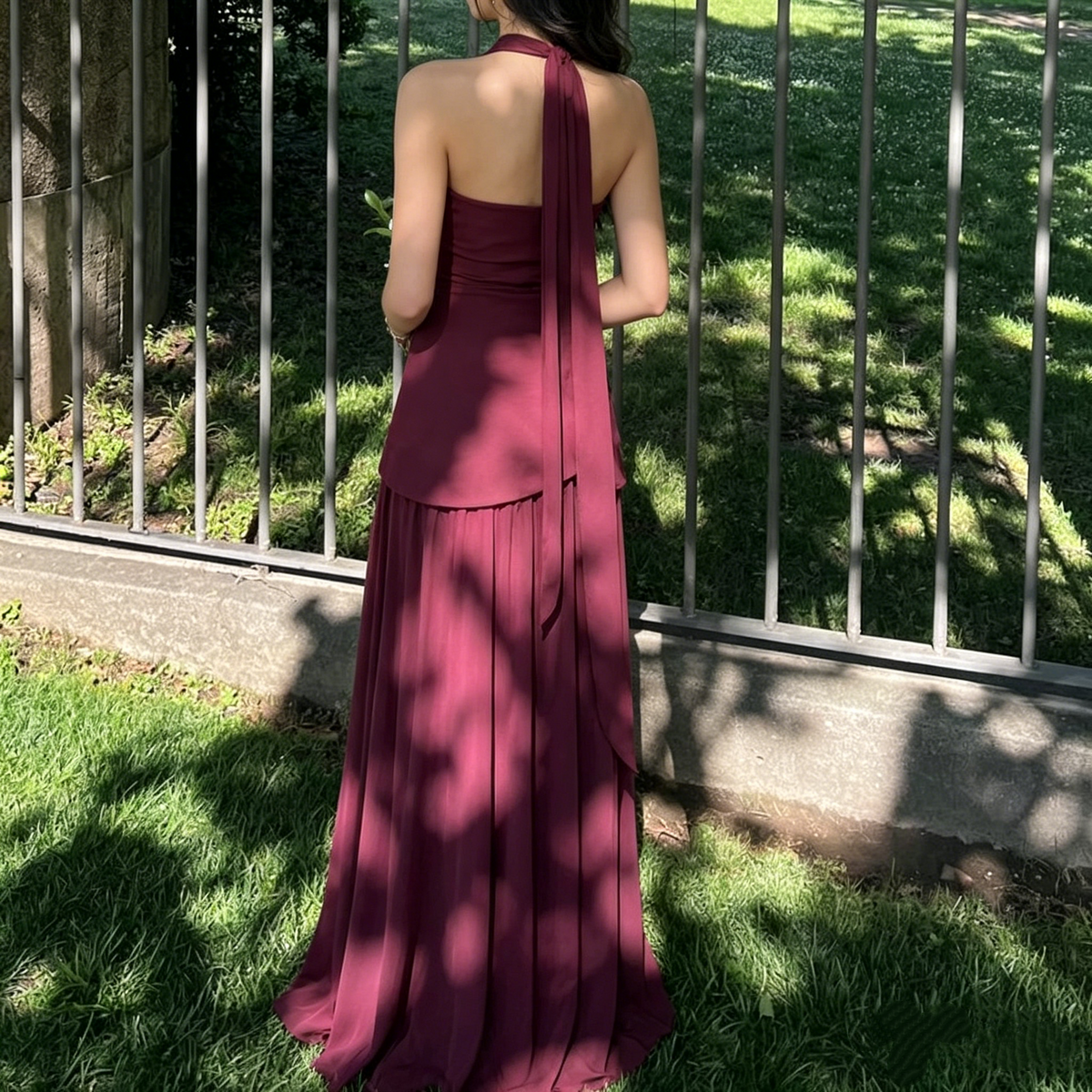 Vintage Burgundy Strapless Chiffon A-Line Floor-Length Evening Gown TP5849