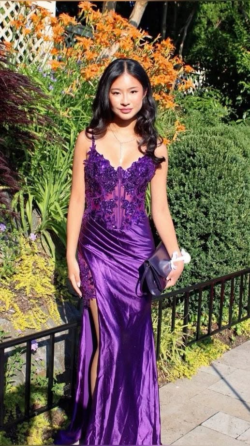 Glamorous Purple Satin Spaghetti Strap Evening Dress TP5714