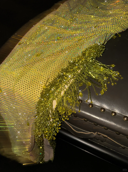 Glamorous Sunshine Yellow Sparkling Sequin Mesh Sheath Fringed Shoulder High Slit Evening Gown TP5401