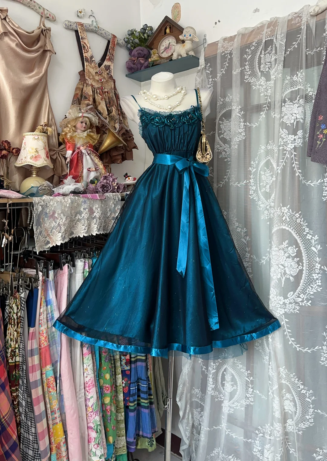 Vintage Teal 3D Rose Lace Spaghetti Strap A-Line Sash Belt Homecoming Dress TP5860