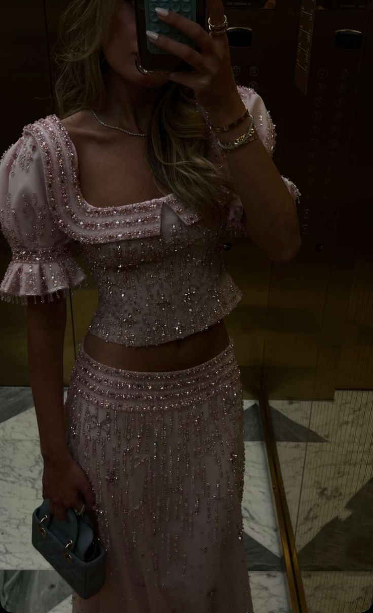 Short-Sleeve Pink Tulle Beaded Two-Piece Gown | Sweet Luxury Square Neck Cutout Maxi Dress for Gala Gathering gh6465