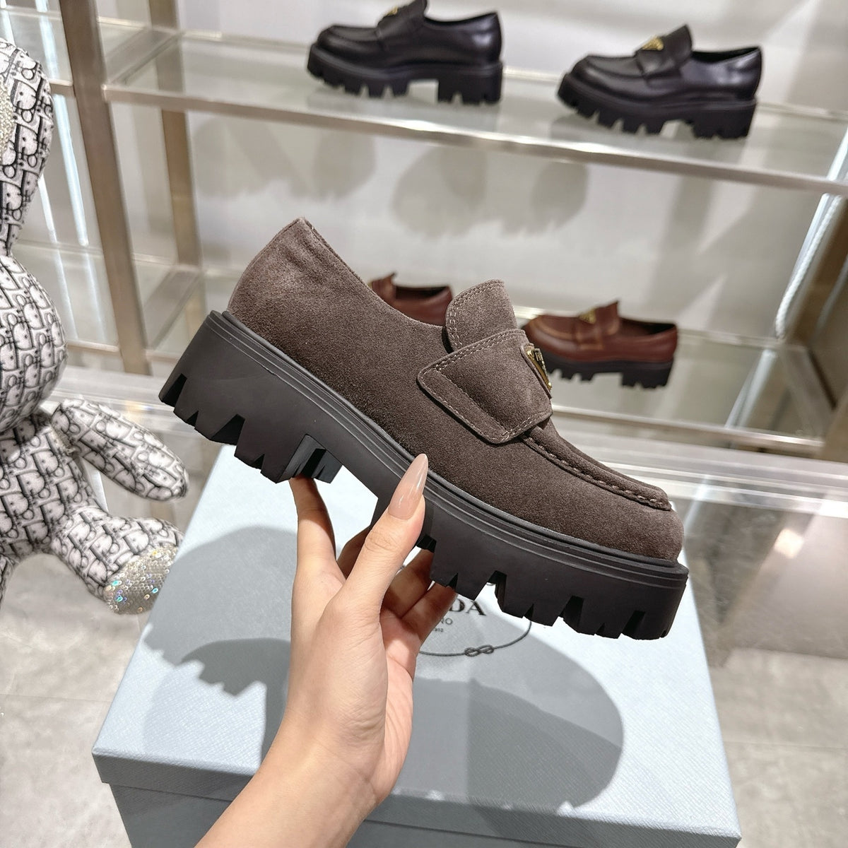 Prada Chocolate Suede Loafers Dark Brown