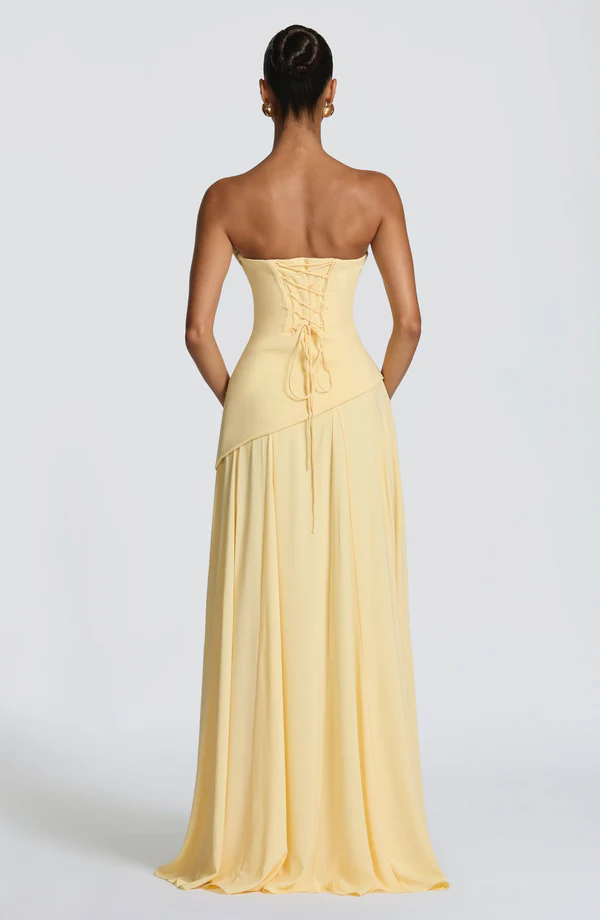 Vintage Pale Yellow Chiffon Cowl Neck Strapless A-Line Prom Dress TP5818
