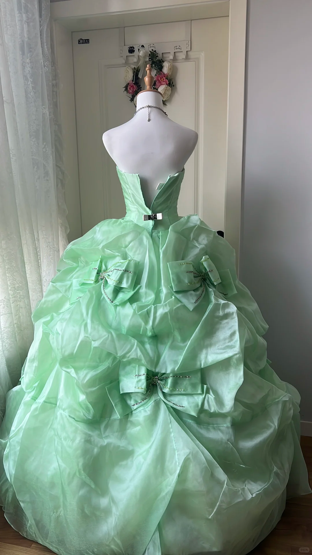 Glamorous Mint Green Strapless Beaded Bow Tiered Organza Ball Gown TP5833