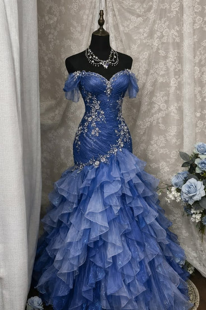 Vintage Blue Off-the-Shoulder Ruffled Mermaid Prom Dress Beading Evening Gown TP5853