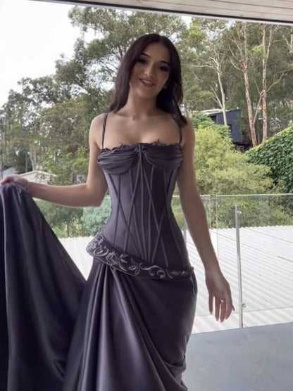 Purple vintage fashion spaghetti strap long satin prom dress, evening dress, party dress gh3525