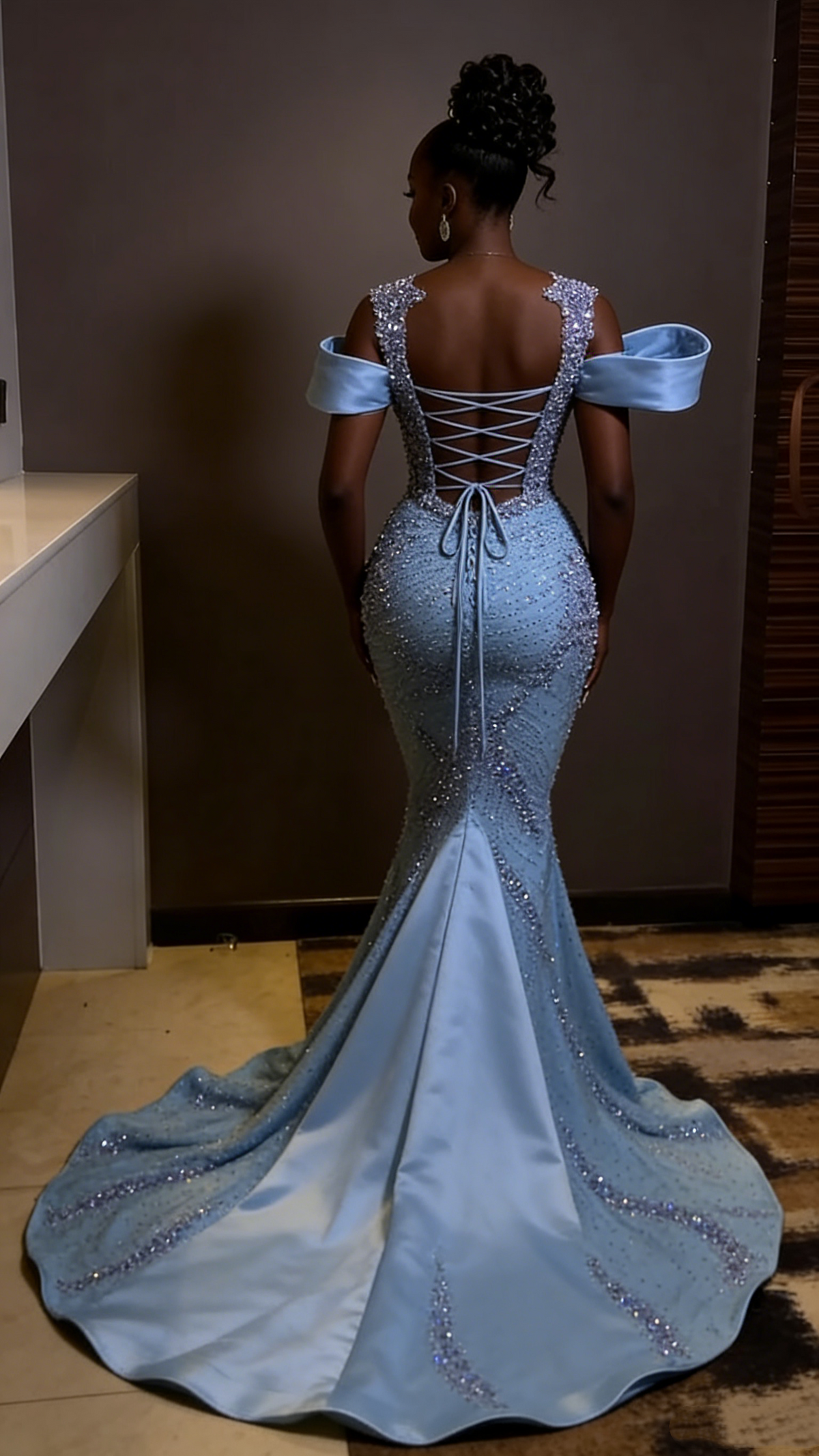 Glamorous Light Blue Beaded Mermaid Gown Off-the-Shoulder Evening Dress TP5713
