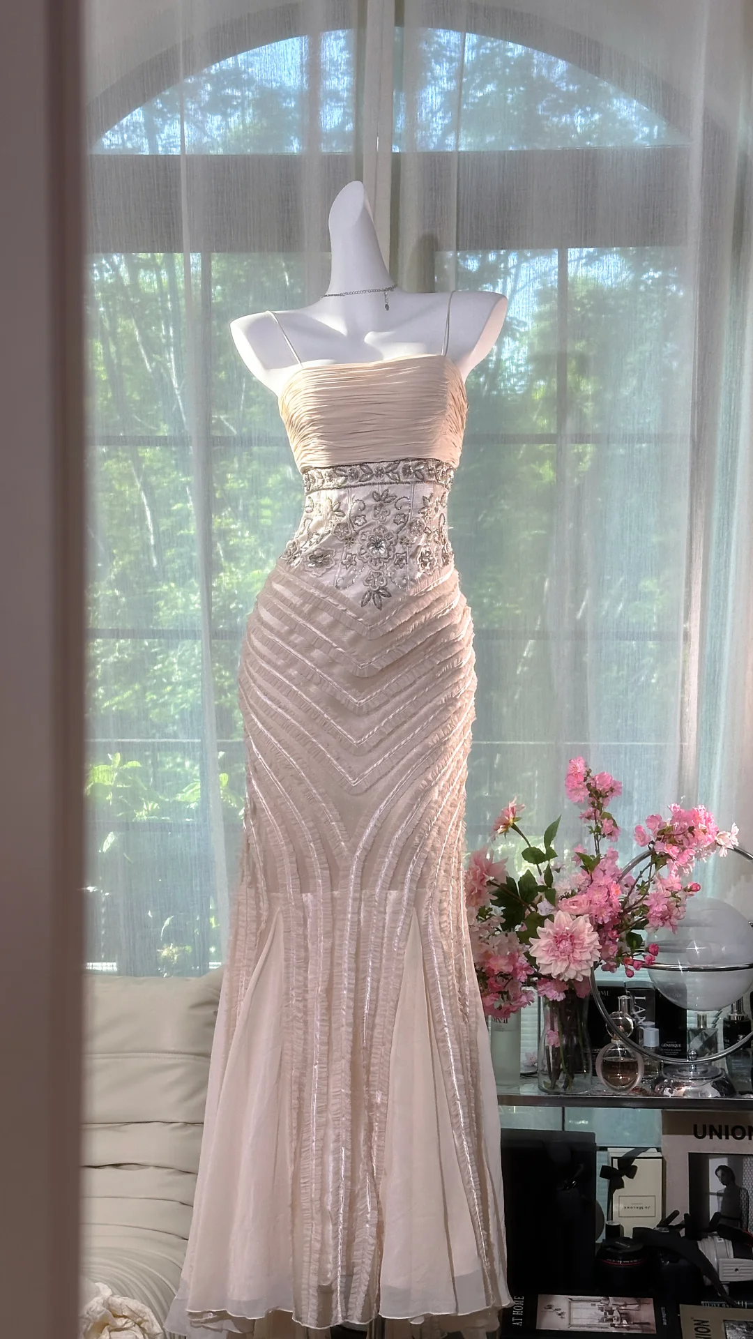 Gorgeous Pink Embroidery Spaghetti Strap Mermaid Chiffon Prom Dress Evening Dress TP4311