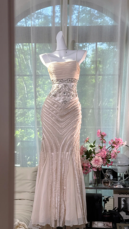 Gorgeous Pink Embroidery Spaghetti Strap Mermaid Chiffon Prom Dress Evening Dress TP4311
