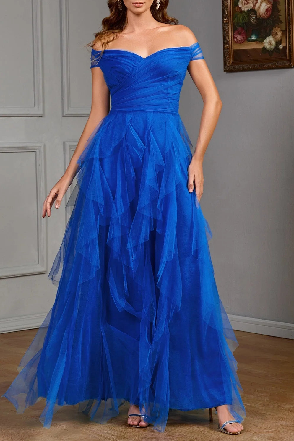 Elegant Off-Shoulder Royal Blue Tulle Prom Dress  Sweetheart Tiered Ruffle A-Line Formal Evening Gown TP5751