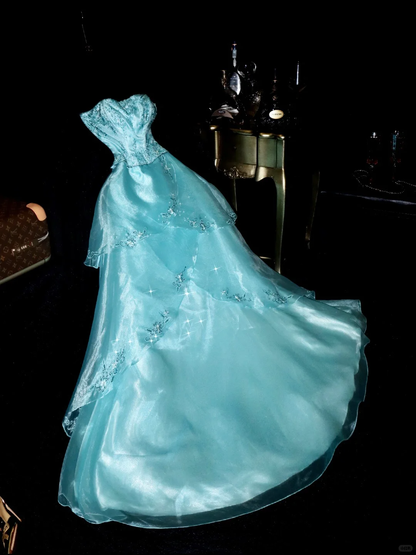 Glamorous Turquoise Satin A-Line Sequin Embroidery Strapless Evening Gown TP5378