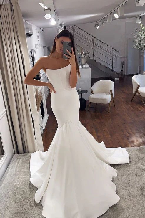 Elegant Strapless Corset Satin Mermaid Long Train Wedding Dress TP5930