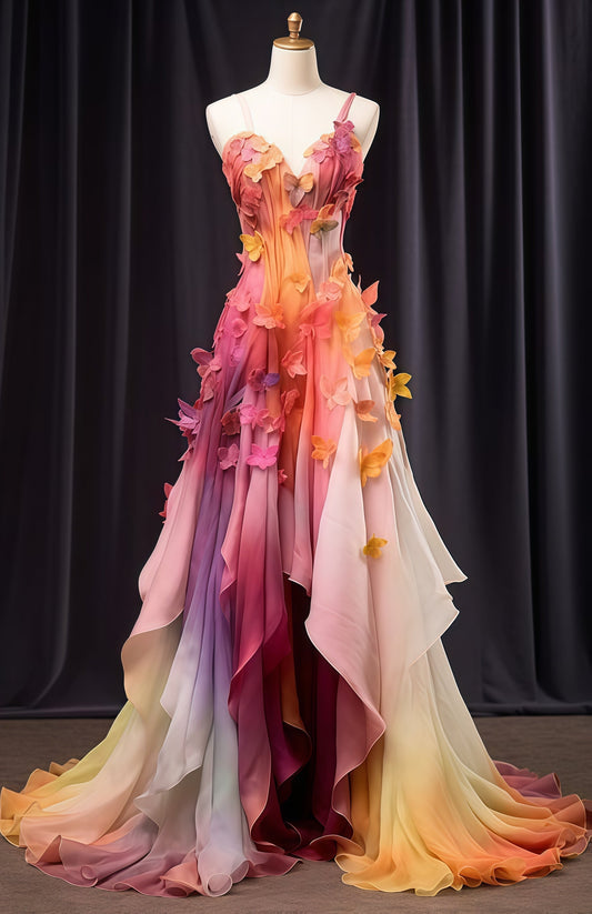 Fairy Tale Floral Prom Dresses, Spaghetti Straps Chiffon Prom Gowns