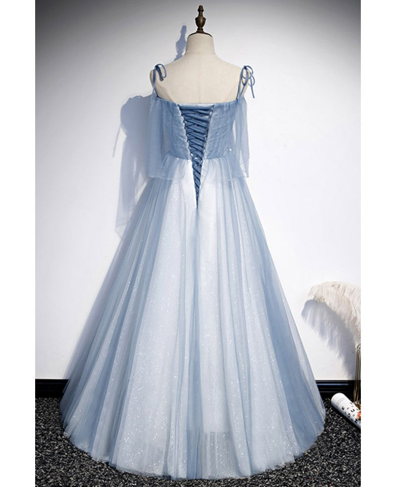 Sweet Sky Blue Thin Shoulder Strap Sleeveless Applique Lace Bead Dress Dress with Sky Blue A-line Glittering Thin Gauze Open Back Strap Long Ruffle Edge Evening Dress