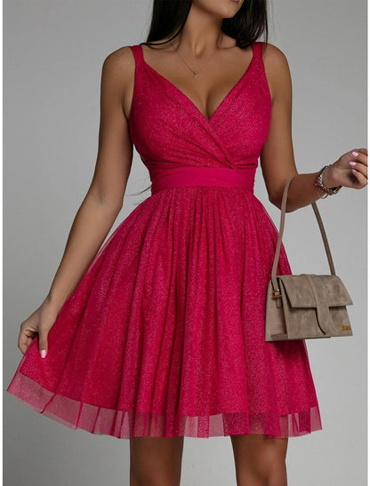 Women's Party Dress Homecoming Dress Cocktail Dress Mini Dress Pink Red Beige Sleeveless Pure Color Ruched Fall Winter Autumn Spaghetti Strap Fashion Wedding Guest Vacation Slim
