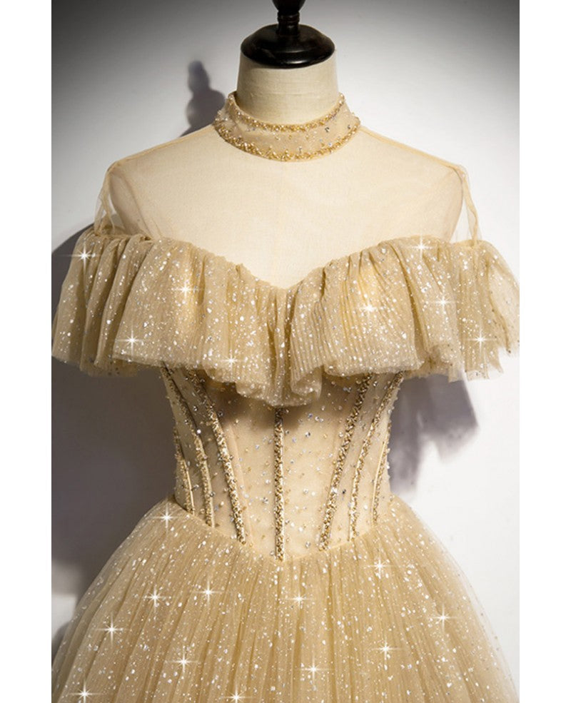 Sparkling Champagne Perspective High Neck Beaded Short sleeved Ball Dress Champagne A-line/Princess Sparkling sheer backless strap and floor length ruffled edge evening dress