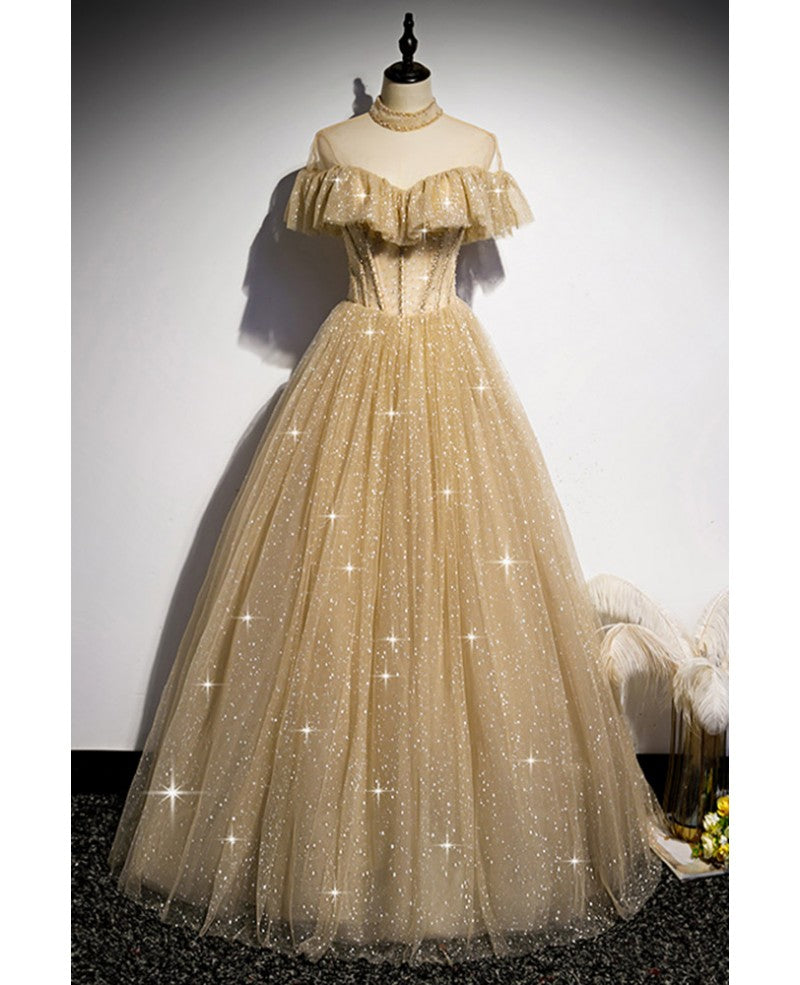 Sparkling Champagne Perspective High Neck Beaded Short sleeved Ball Dress Champagne A-line/Princess Sparkling sheer backless strap and floor length ruffled edge evening dress