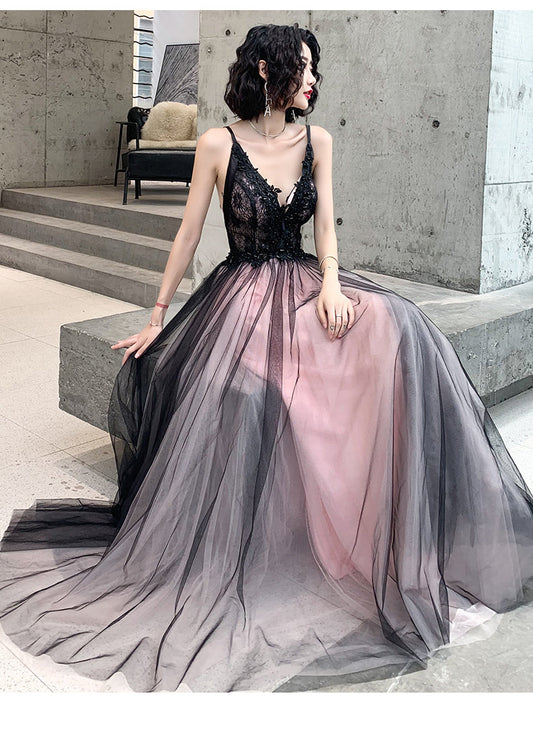 Fashionable Pink And Black Tulle V-Neckline Prom Dresses, Pink Lace Applique Prom Gowns