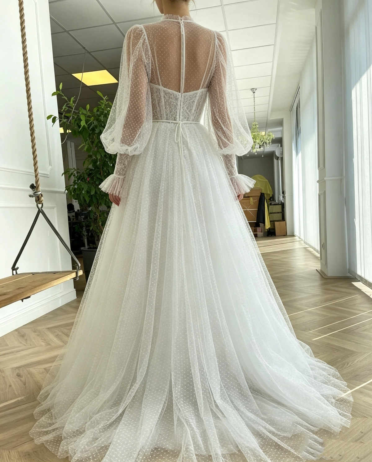 Vintage Dotted Tulle Puff Sleeve Illusion Neck A-Line Wedding TP5913