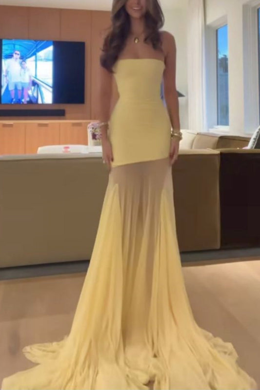 girlhomeshops-Yellow Elegant Mermaid Slim Long Chiffon Prom Dress Graduation Dress gh5930