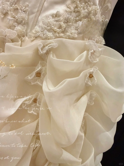 Gorgeous Ivory Strapless 3D Rose Appliques Ruffled Tulle Wedding Dress TP5449