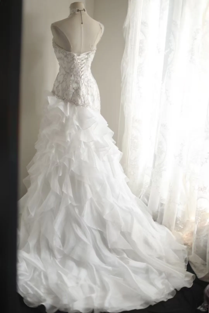 Romantic Strapless Lace Sweetheart Mermaid Ruffled Organza Wedding Gown TP5641