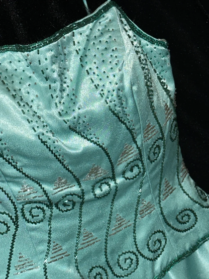 Glamorous Turquoise Satin A-Line Corset Bodice & Spaghetti Straps Evening Gown TP5381