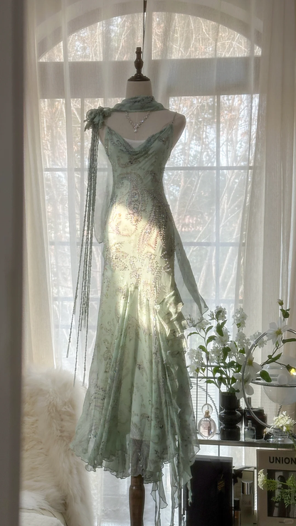 Retro Gorgeous Spaghetti Strap Green Beading Romantic Sparkling Evening Dress Prom Dresses TP3958