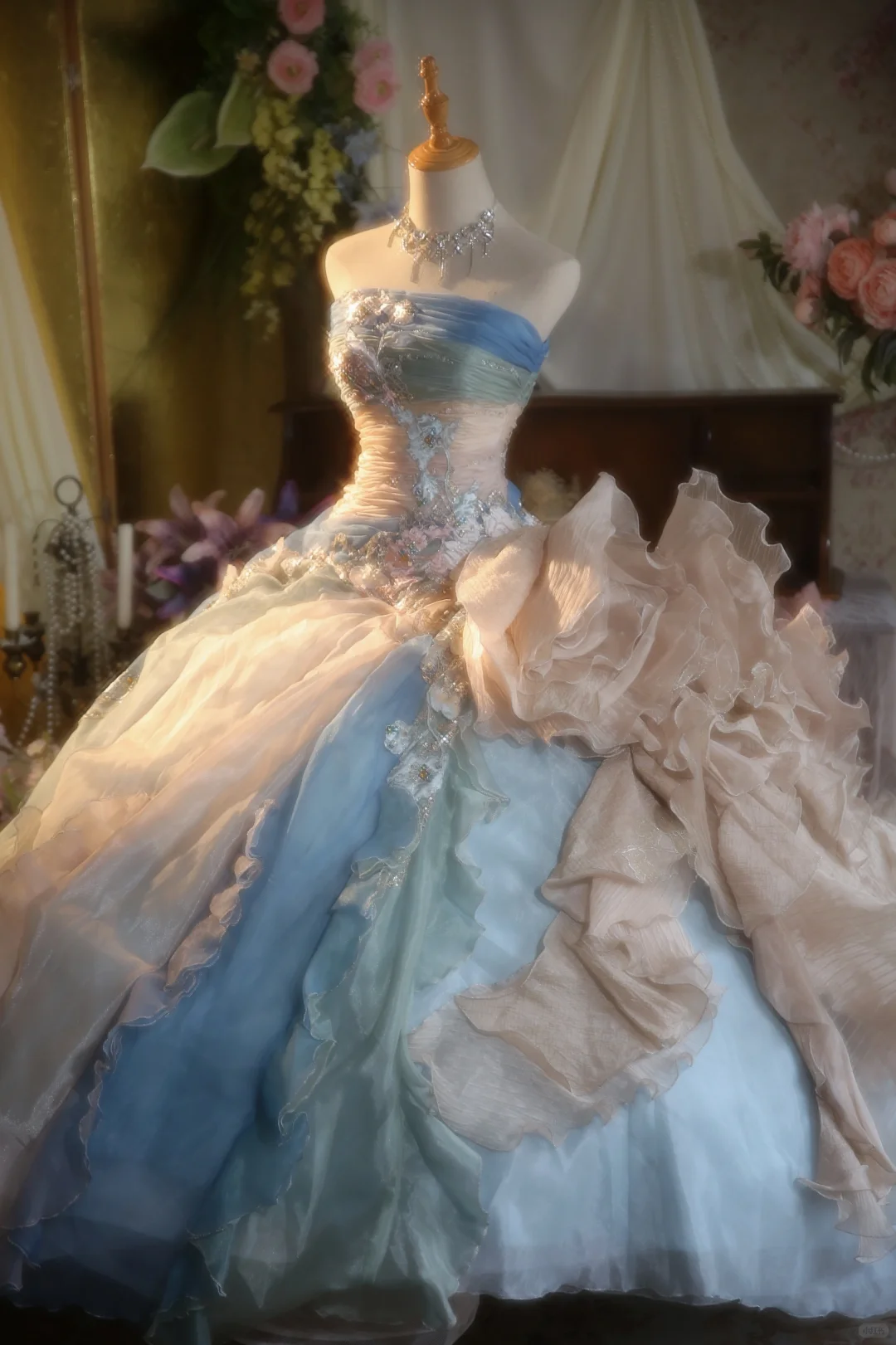 Gorgeous Pastel Ombre Strapless Ruffled Tulle Beaded Sweet 15 Quinceanera Ball Gown TP5518