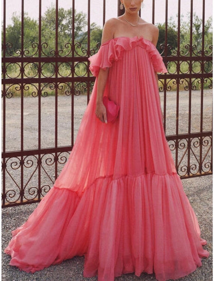 Sheath / Column Evening Gown Elegant Dress Formal Wedding Guest Sweep / Brush Train Short Sleeve Off Shoulder Tulle with Pleats Ruffles 2026