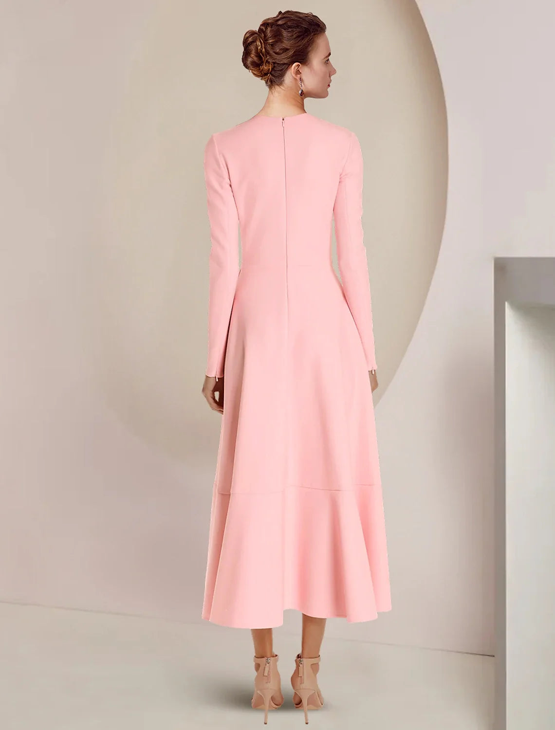 A-Line Mother of the Bride Dress Formal Wedding Guest Elegant High Low Scoop Neck Asymmetrical Ankle Length Fabric Long Sleeve with Ruffles