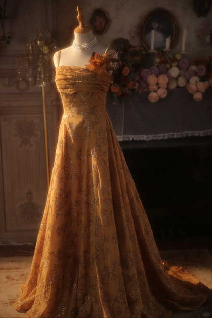 Vintage Mustard Yellow Sequin Floral Embroidery Spaghetti Strap Evening Gown TP5520
