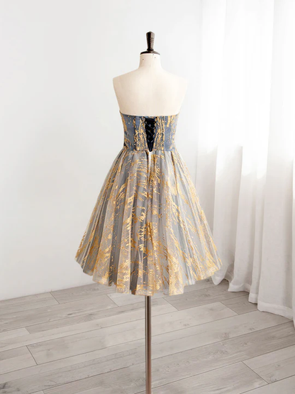 Vintage Sequin Beaded Strapless Ruffled Hem Design A-line Tulle Party Dress Homecoming Dress TP4062