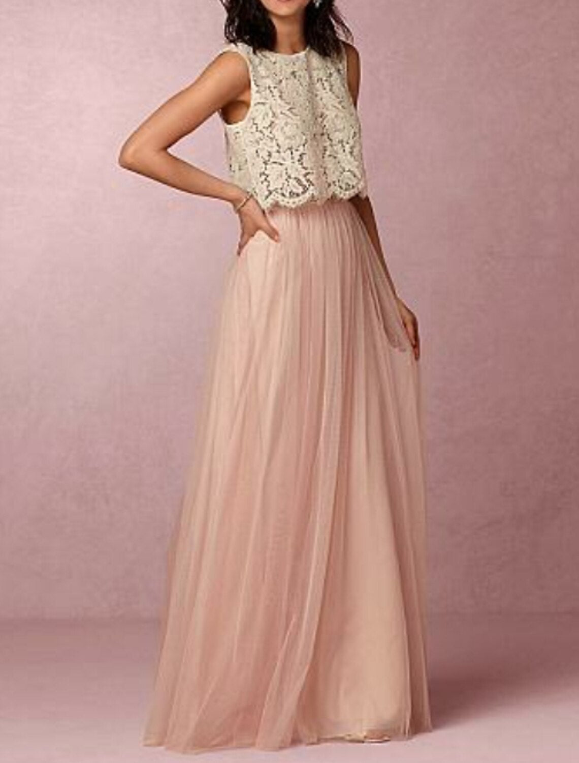 A-Line Jewel Neck Sleeveless Two Piece Floor Length Chiffon with Pleats Long Lace Bridesmaid Dress