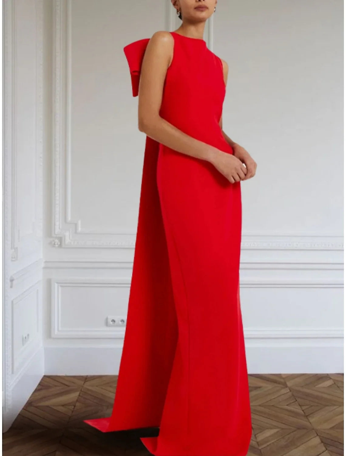 Sheath / Column Christmas Red Green Dress Evening Gown Elegant Dress Formal Sweep / Brush Train Sleeveless Jewel Neck Fabric with Bow(s) 2026