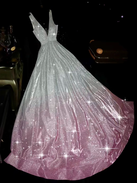 Glamorous Sparkling Silver-to-Pink Ombre Glitter A-Line Deep V-Neck Evening Gown TP5349