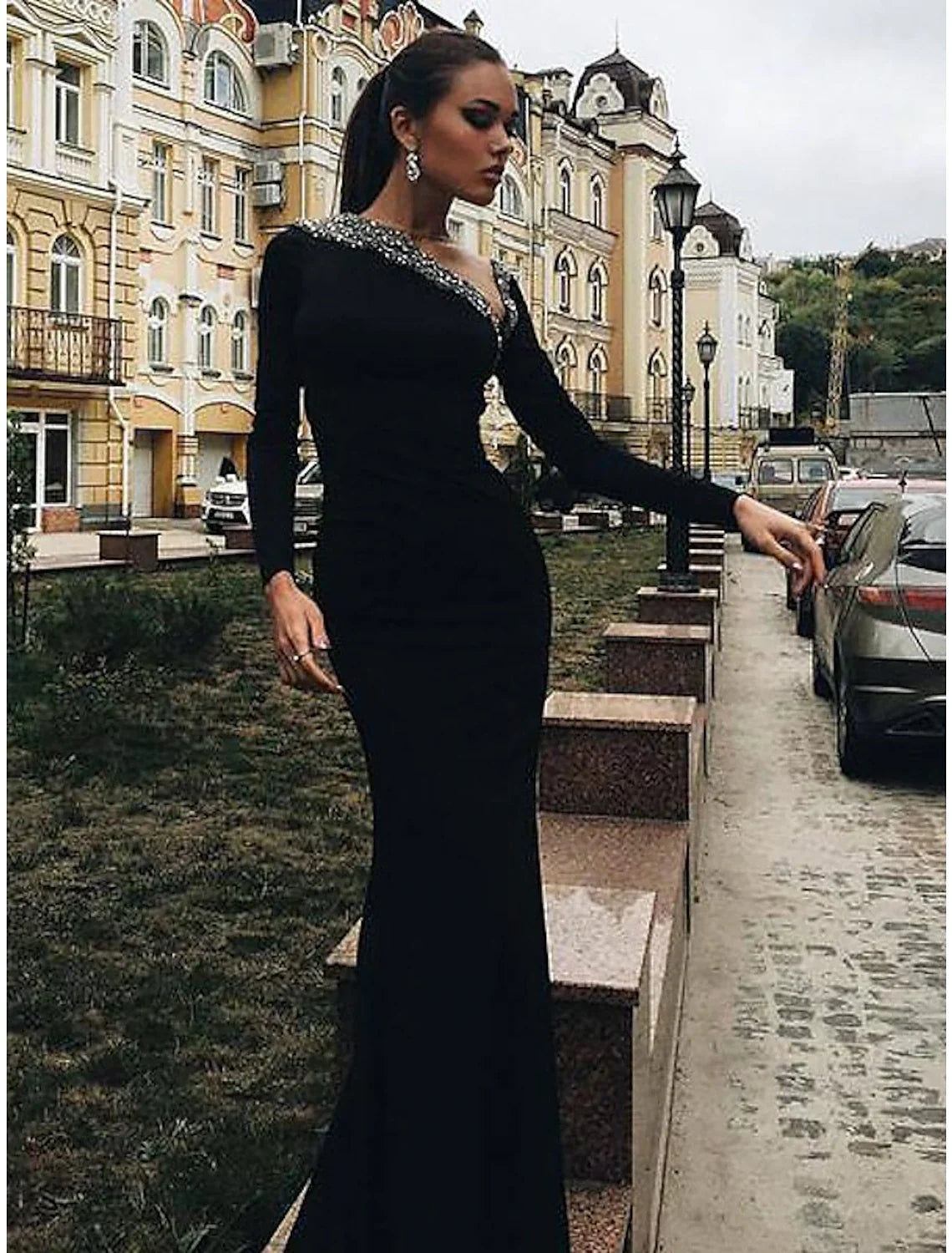 Mermaid / Trumpet Evening Gown Open Back Dress Wedding Guest Engagement Floor Length Long Sleeve V Neck Fabric with Crystals Beading