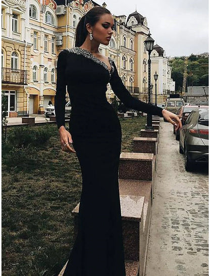 Mermaid / Trumpet Evening Gown Open Back Dress Wedding Guest Engagement Floor Length Long Sleeve V Neck Fabric with Crystals Beading