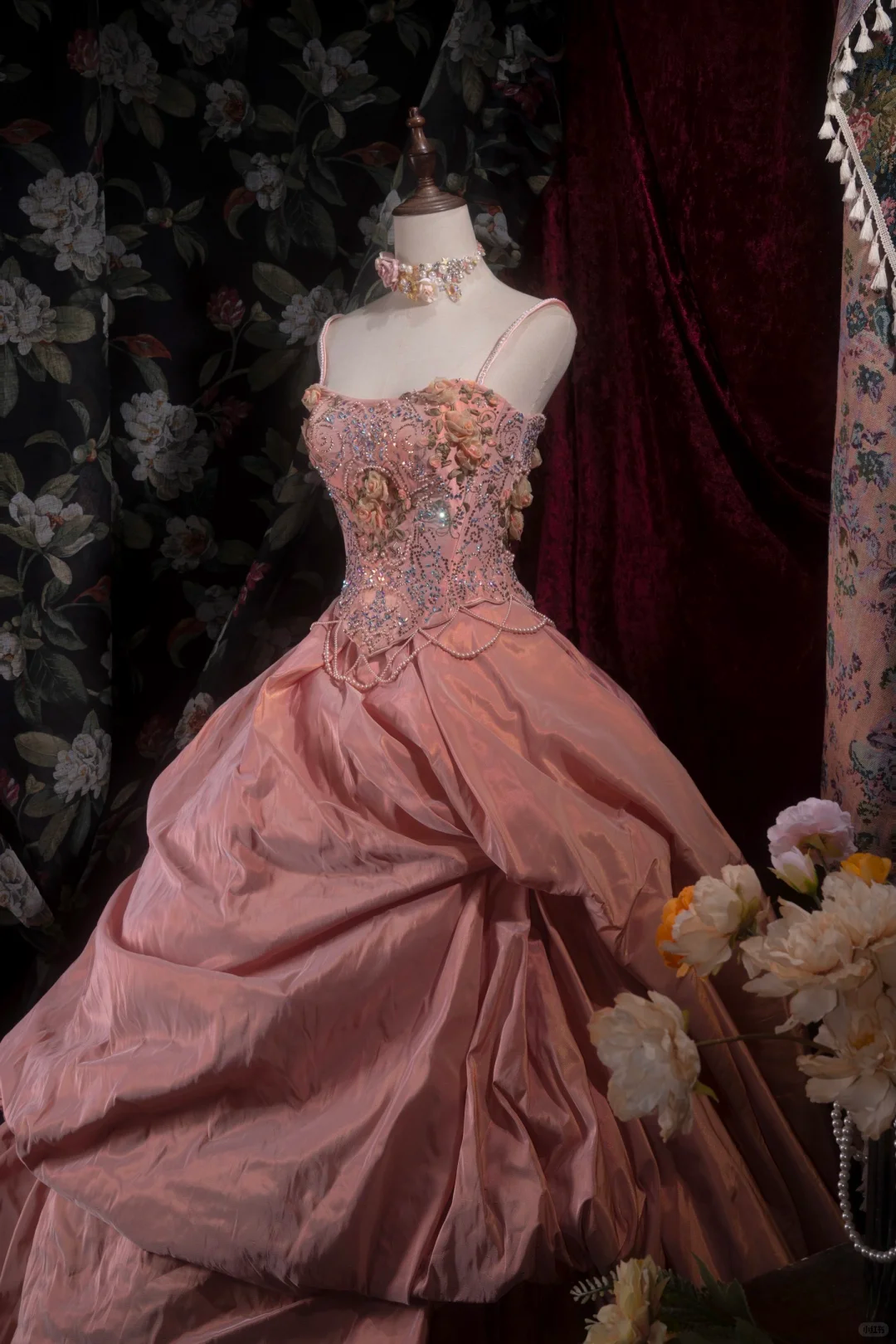 Gorgeous Pink Spaghetti Strap Beaded Floral Ball Gown TP5795
