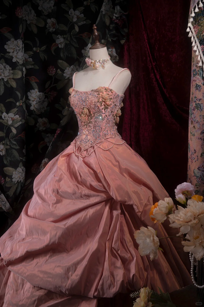 Gorgeous Pink Spaghetti Strap Beaded Floral Ball Gown TP5795