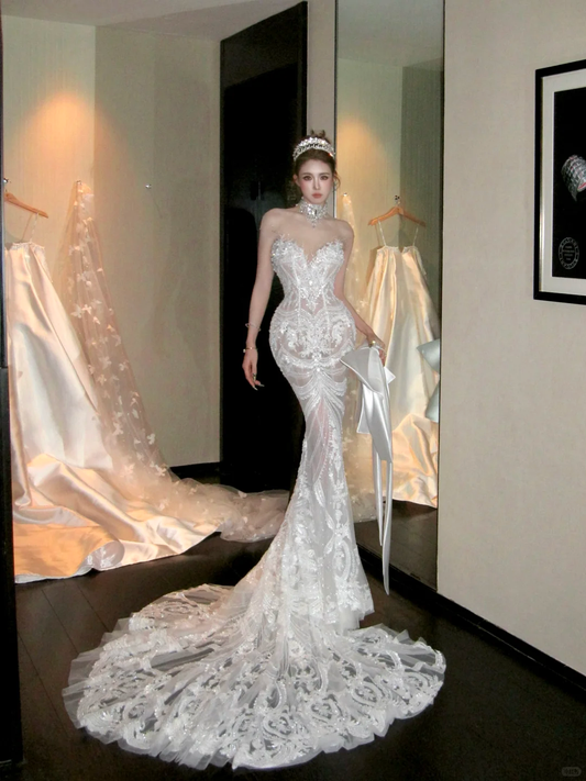 Elegant Glittering Beaded Sequined Applique Sweetheart Design Mermaid Wedding Dress TP4231