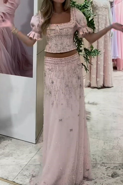 Short-Sleeve Pink Tulle Beaded Two-Piece Gown | Sweet Luxury Square Neck Cutout Maxi Dress for Gala Gathering gh6465