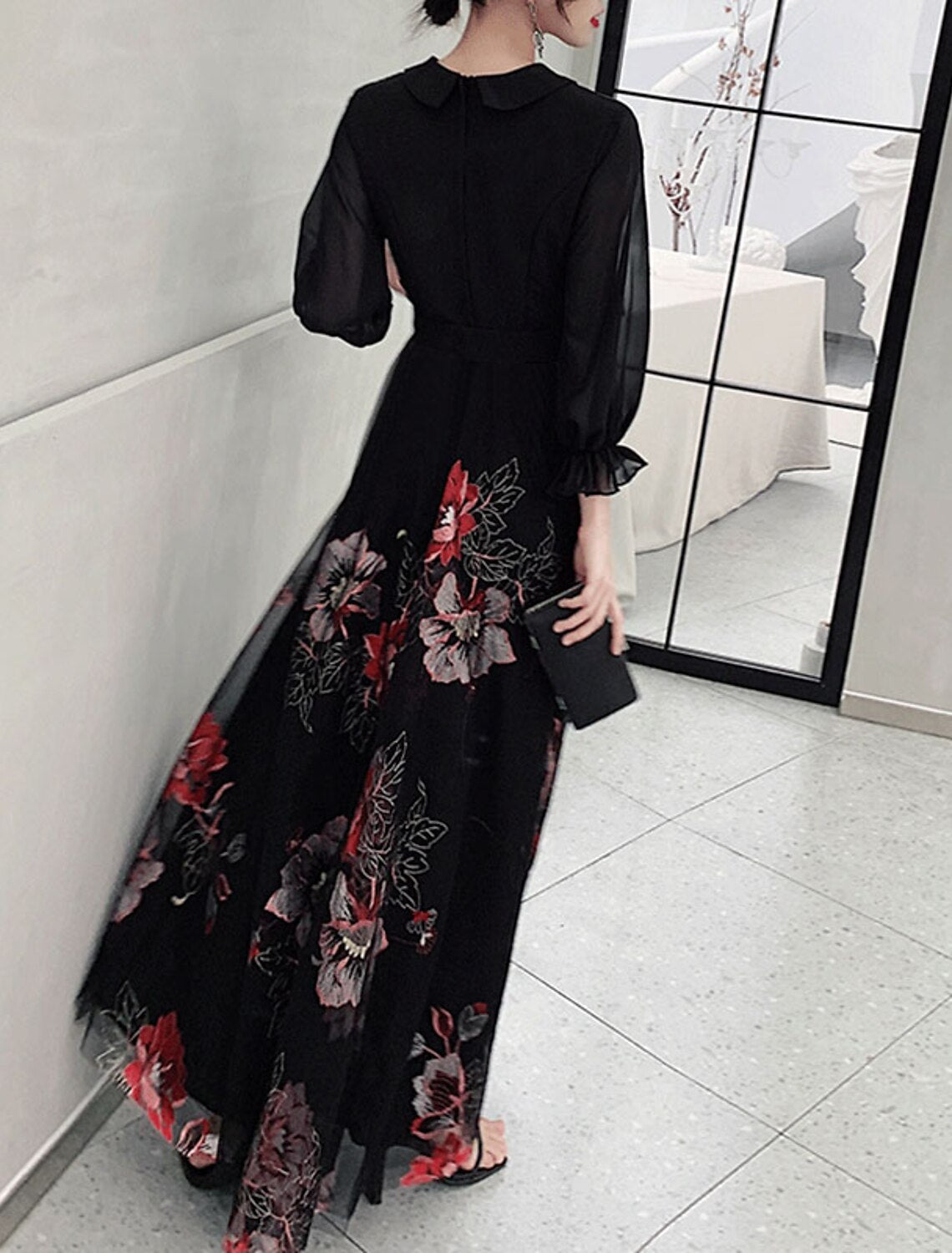 A-Line Floral Prom Formal Evening Dress V Neck 3/4 Length Sleeve Floor Length Spandex with Sash / Ribbon Embroidery