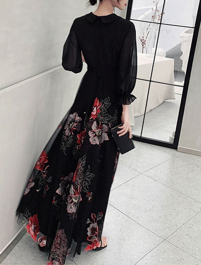 A-Line Floral Prom Formal Evening Dress V Neck 3/4 Length Sleeve Floor Length Spandex with Sash / Ribbon Embroidery