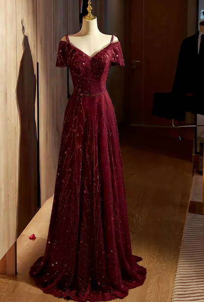 Vintage Silver Beaded A-Line Off-Shoulder Tulle Evening Gown TP5471