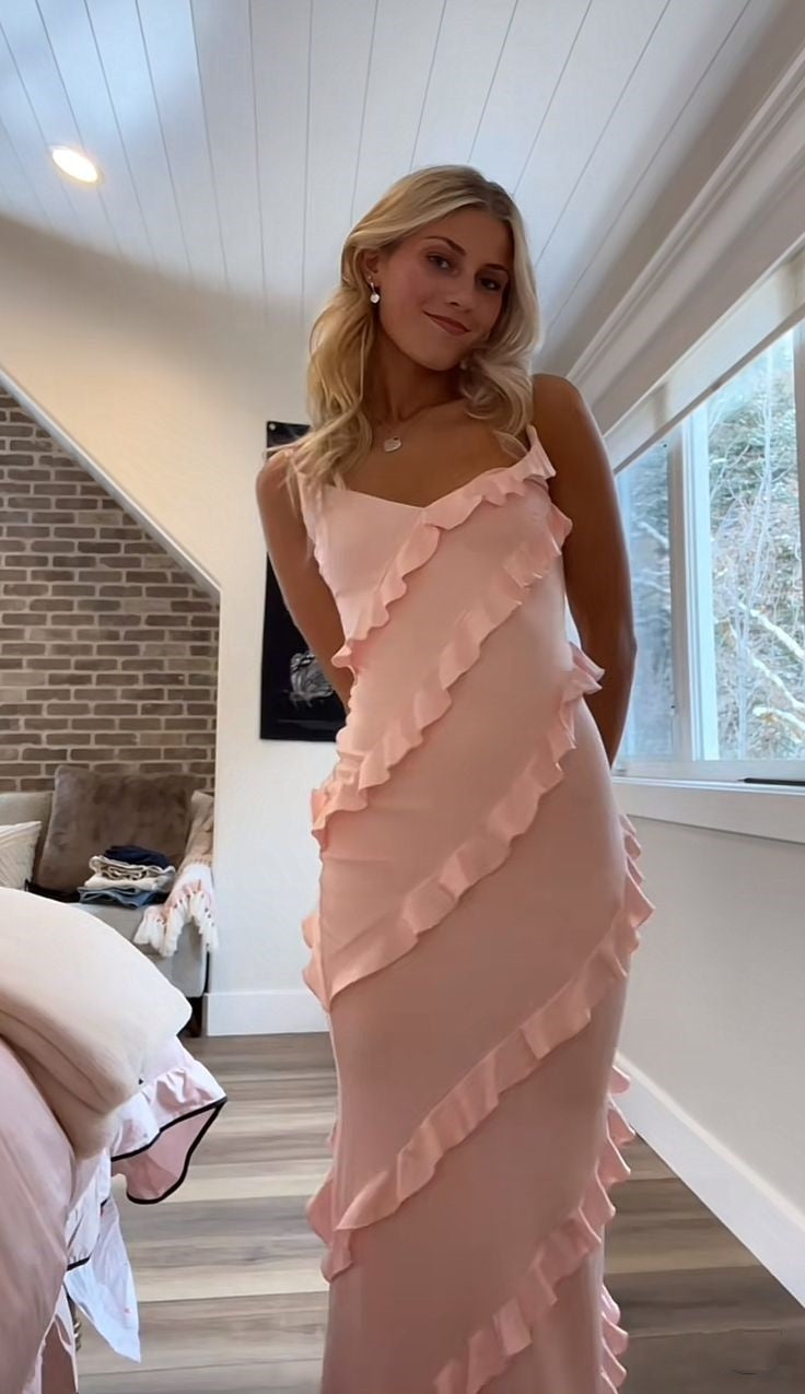 Pink fashion spaghetti strap long chiffon ruffled ball gown, evening dress, party dress gh3518